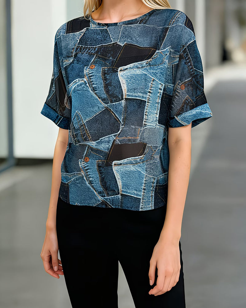 Topp Denimliknande Lapptäcke Print Rundhalsad Loose Fit