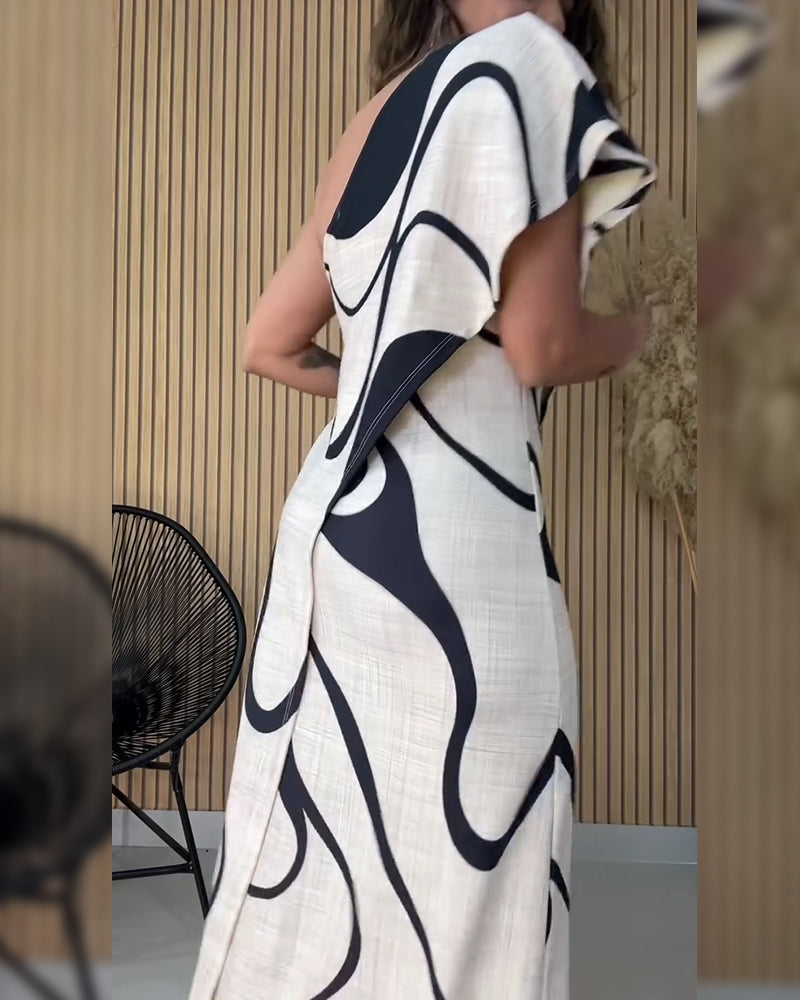 Klänning Volang Off-Shoulder Geometriskt Tryck Mode