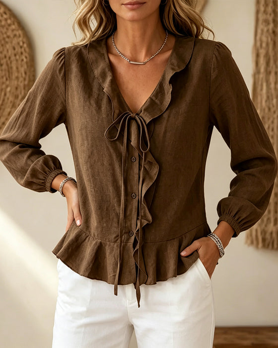 Blus V-Hals Ruffle Slips Lång Ärm