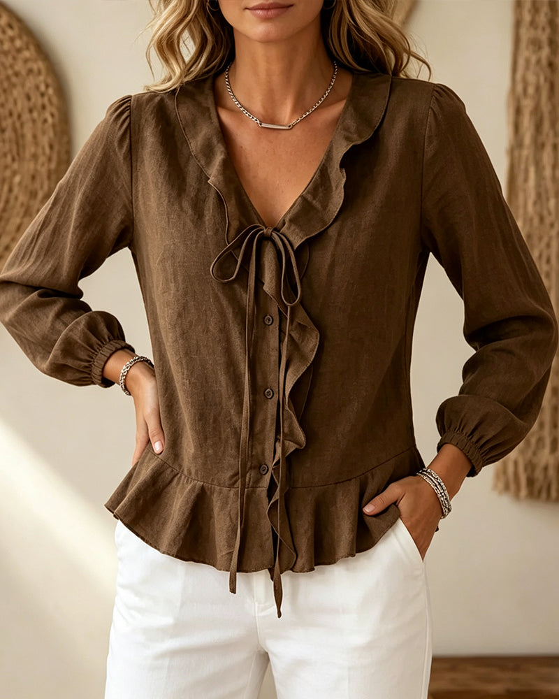 Blus V-Hals Ruffle Slips Lång Ärm