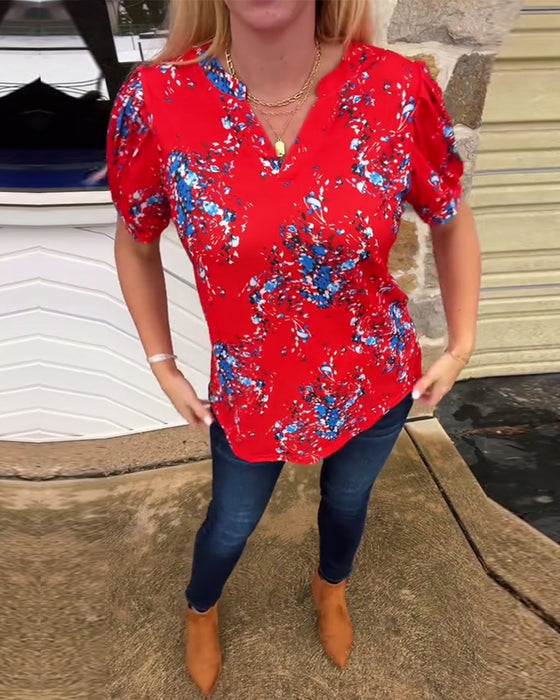 T-Shirt V-ringning Blommönster Kortärmad