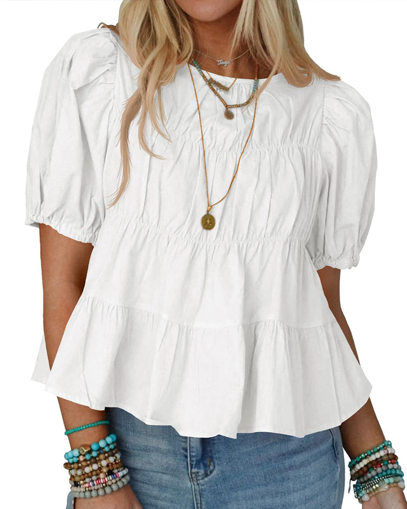 Blus Puffärm Loose-Fit Rynkad