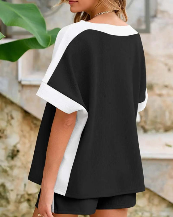Set Färgblock Kort Ärm Shorts Avslappnad