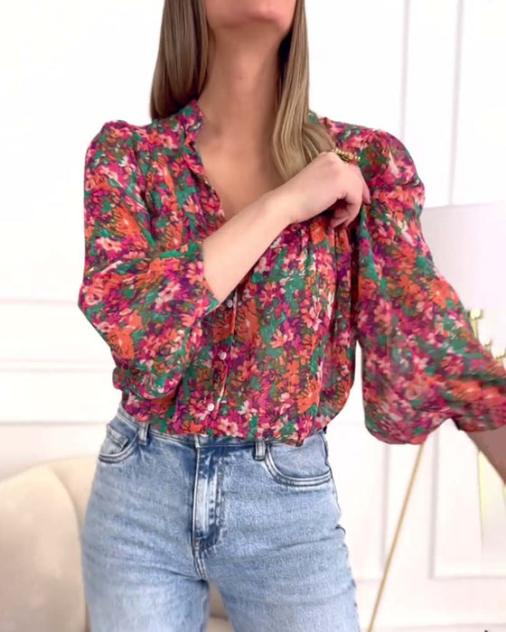 Puffärm tryckt skjorta med button-down