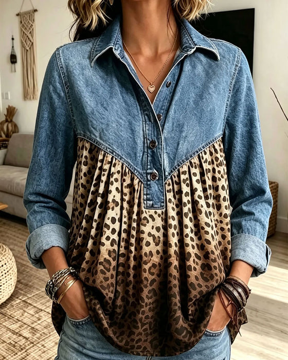 Topp Denim Leopard Tryck Lapptäcke Krage