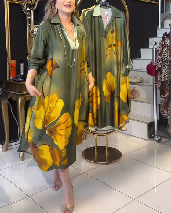 Lapel pocket ombre print klänning