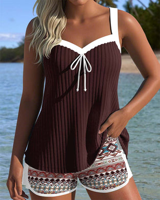Tankini Ribbad Strandshorts Tryckt Boxertrosa