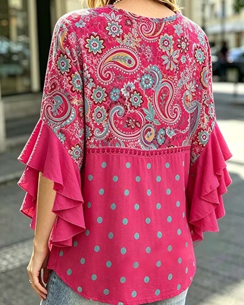 Blus V-Hals Blommig Prickig Ruffle