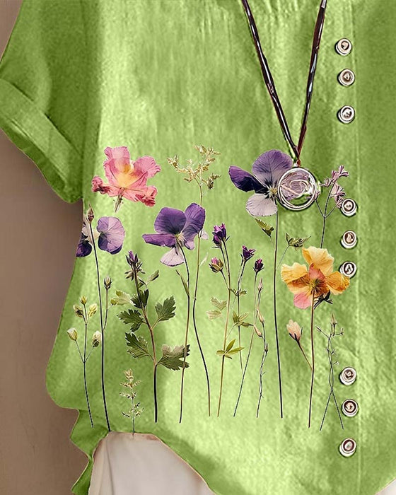 T-Shirt Blommig Tryck Runt Halsringning Kort Ärm