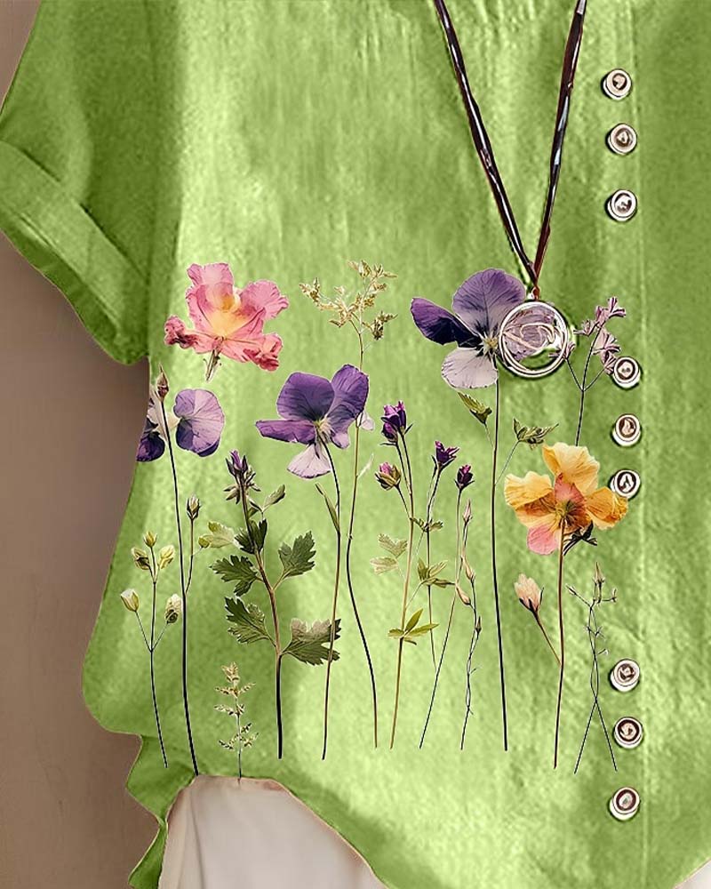 T-Shirt Blommig Tryck Runt Halsringning Kort Ärm
