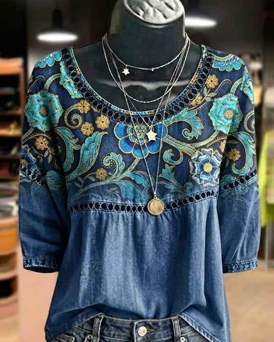 Blus Hål Ut Tryck Vintage