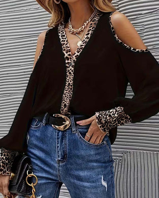 Blus Off-Axel Leopard Patchwork Lång Ärm