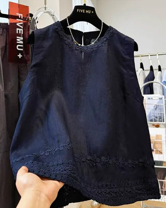 Tank Top Rund Hals Broderad Kant