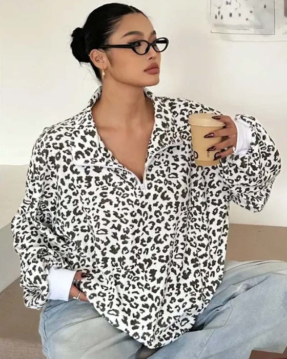 Sweatshirt Dragkedja Leopard Casual