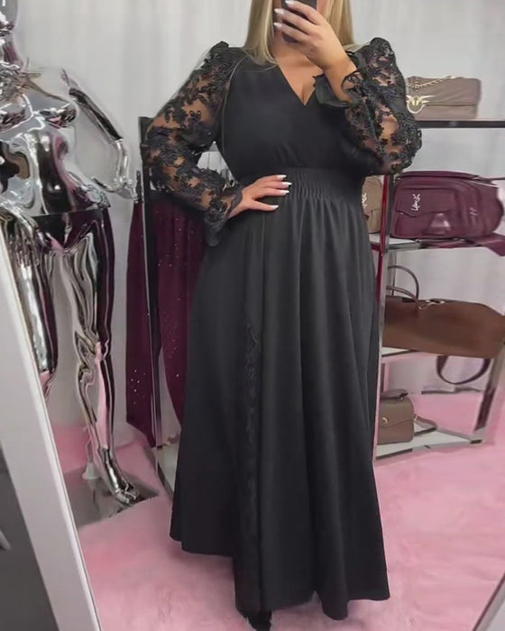 Klänning Spets Sticksöm V-Ringning A-Hem