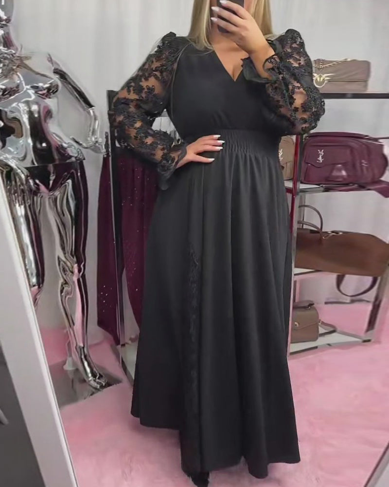 Klänning Spets Sticksöm V-Ringning A-Hem