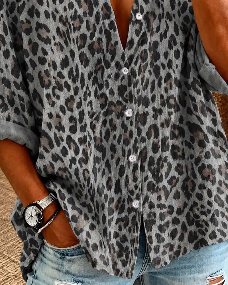 Skjorta V-Hals Knapp Leopard Lång Ärm