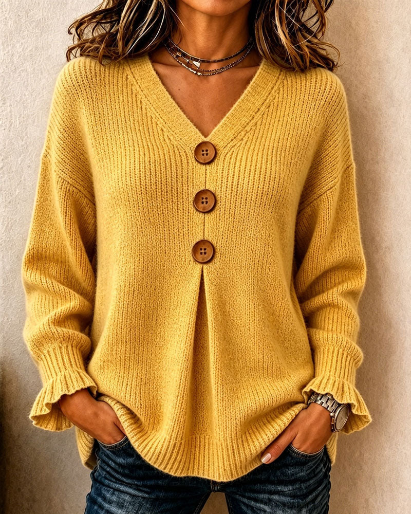 Tröja V-Hals Knapp Pullover
