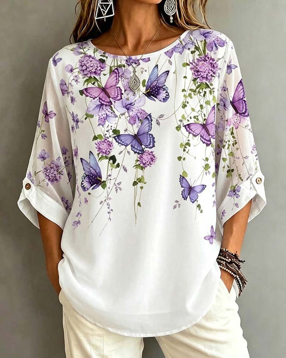 Blus Rundhalsad Fjäril Blommig
