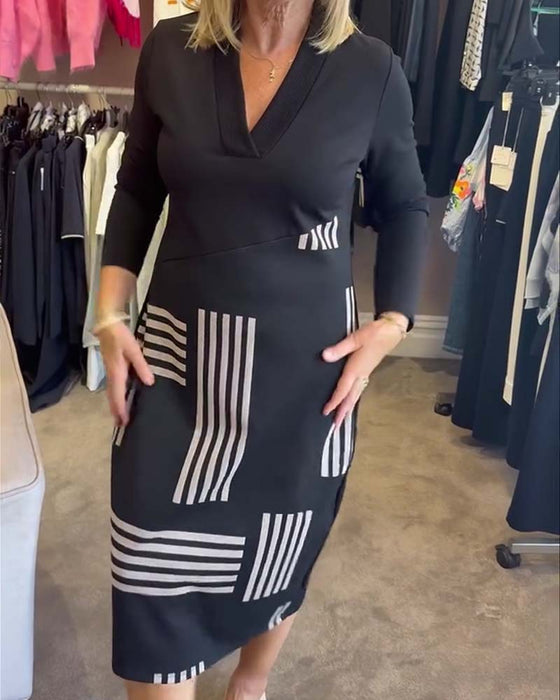 Klänning Geometrisk Rand V-Hals Bodycon Midi