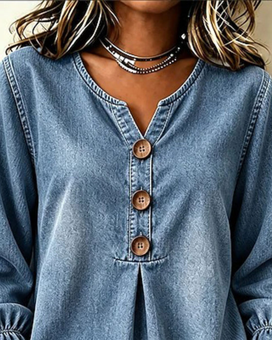 Topp Denim V-Hals Knapp Ryschärm