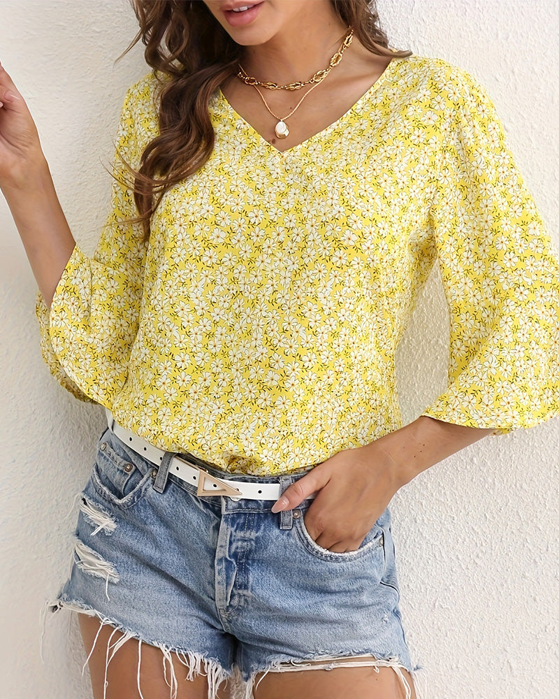 Blus V-Hals Floral Fjäril Ärm
