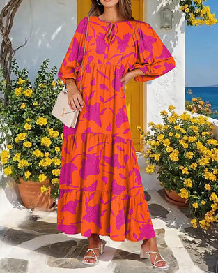 Klänning V-Ringning Tryckt Lykta-Ärm Maxi