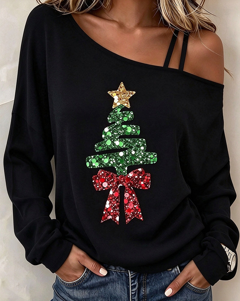 Topp Asymmetrisk Rem Julträd Cold Shoulder