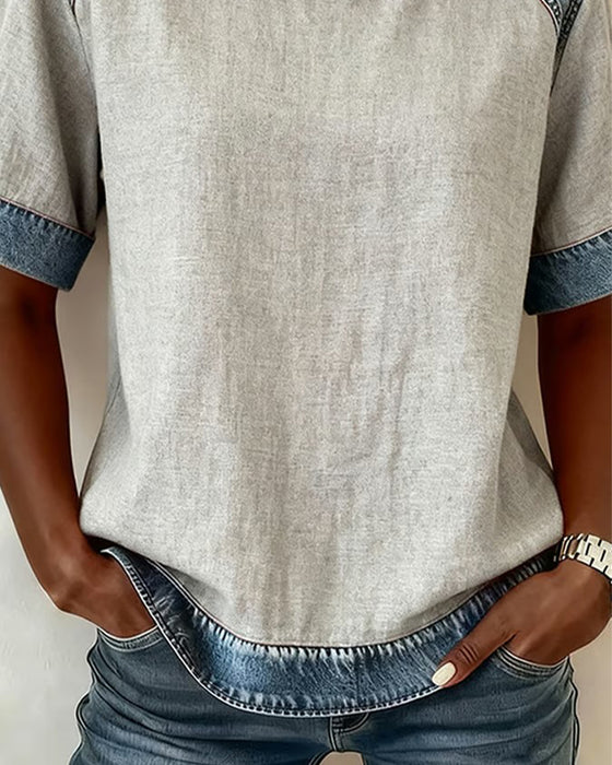 Topp Denim Lapptäcks Kortärmad