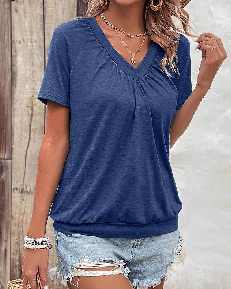 T-Shirt Casual Plisserad V-Hals