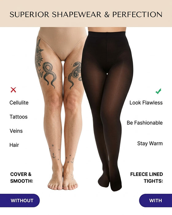 Genomskinlig Panel Med Fleecefodrade Tights Stay-Warm Magkontroll Sheer Effekt Tights Bodysuit Svart Basic