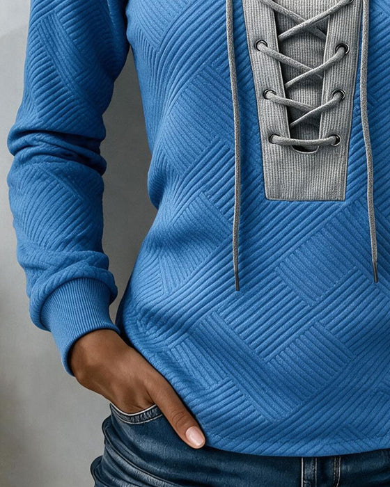 Sweatshirt Snörning Ribbad Färgblock Slimmad Passform