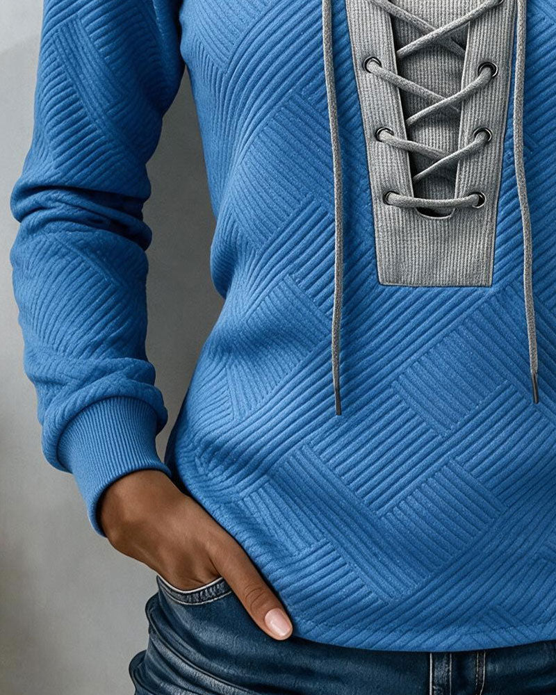 Sweatshirt Snörning Ribbad Färgblock Slimmad Passform