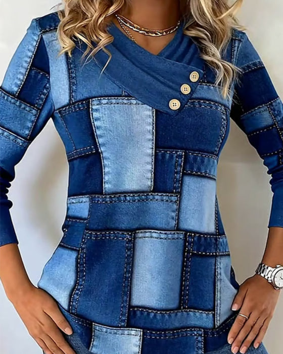 Långärmad Topp Med V-Ringning Och Kontrast I Enfärg