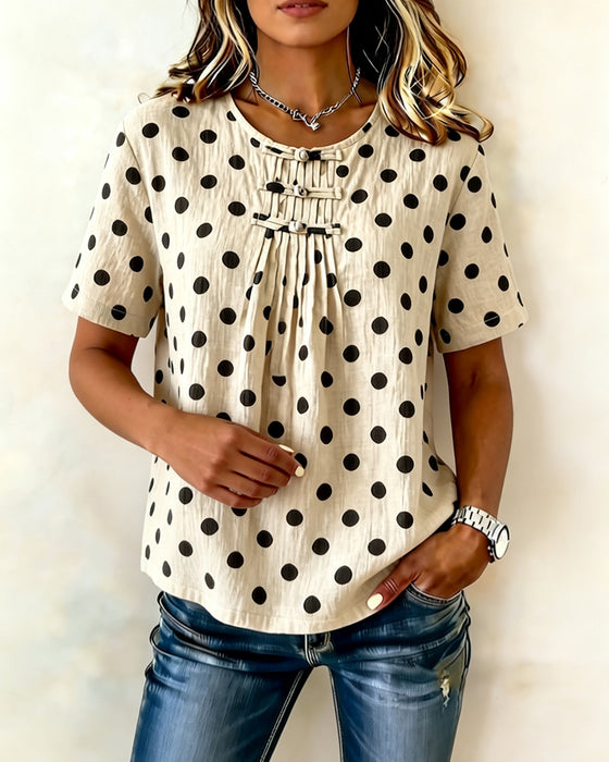 Blus Polka Dot Frog Button Kort Ärm
