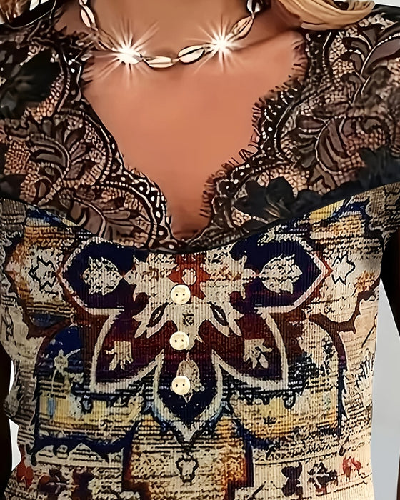 Retroblus I V-Ringning Med Spetskant