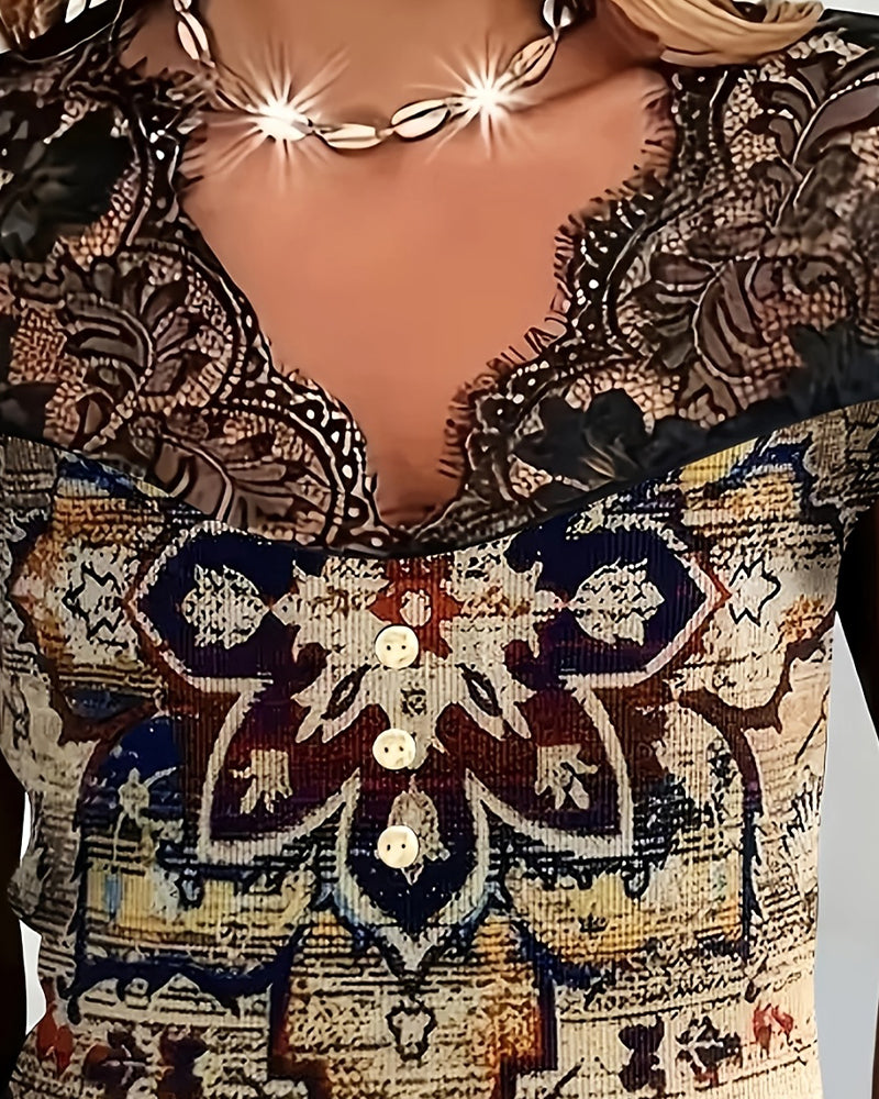 Retroblus I V-Ringning Med Spetskant