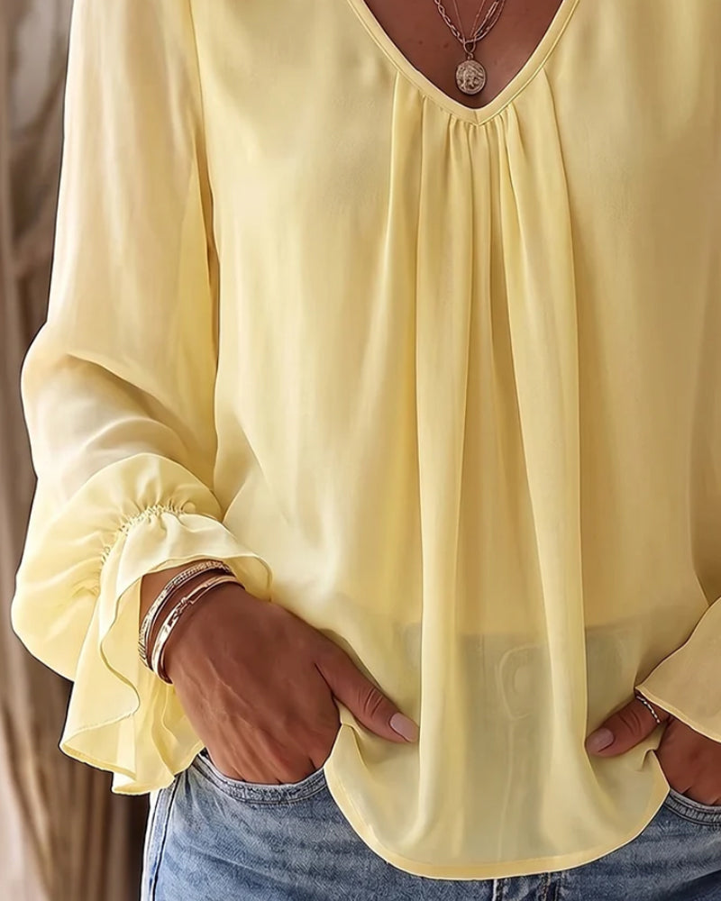 Blus V-Hals Rynkad Puffärm Ruffle
