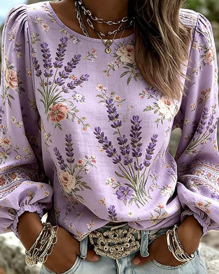 Blus Lavendel Blommigt Print Lyktaärm