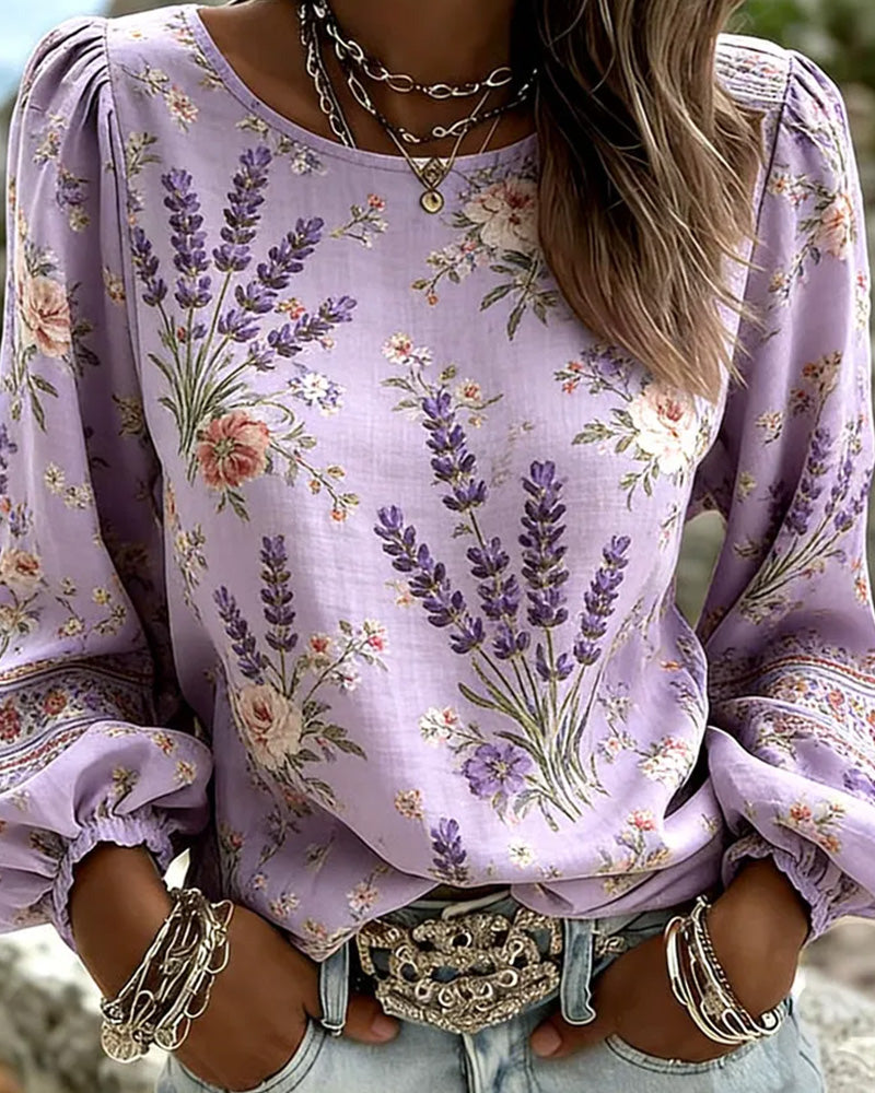 Blus Lavendel Blommigt Print Lyktaärm