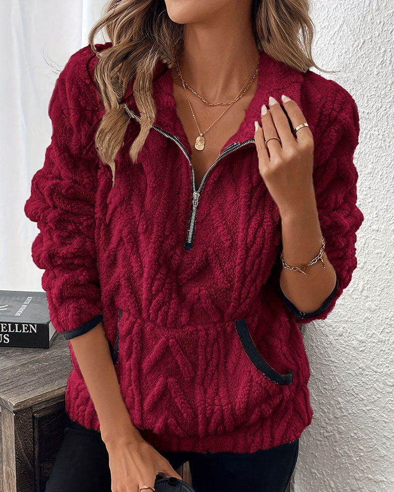 Sweatshirt Halv Dragkedja Fleece Stor Ficka