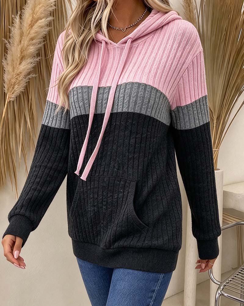Hoodie Huvförsedd Räfflad Kontrast Ficka