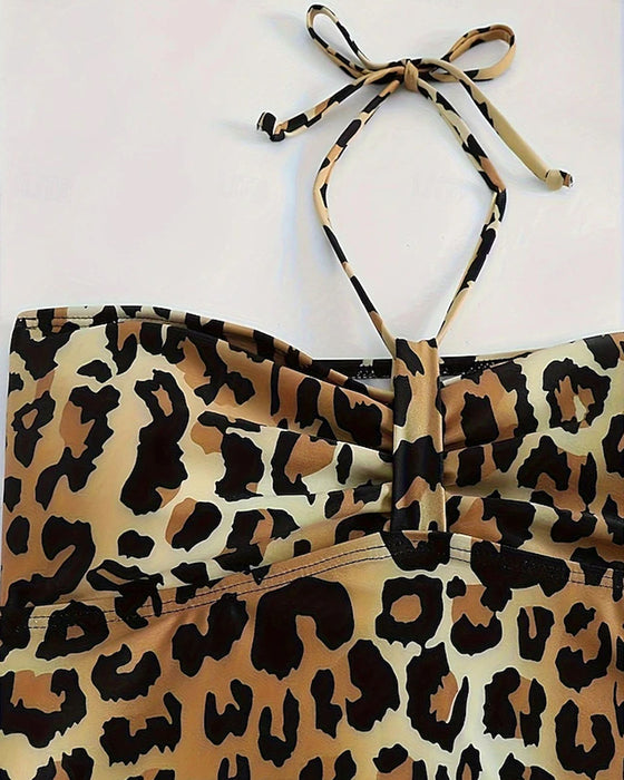 Tankini Halterneck A-Linje Leopardmönster Triangel