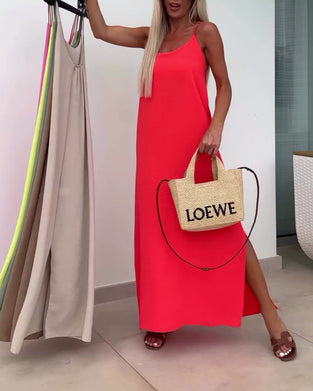 Klänning Ärmlös Off-Shoulder Enfärgad Slits