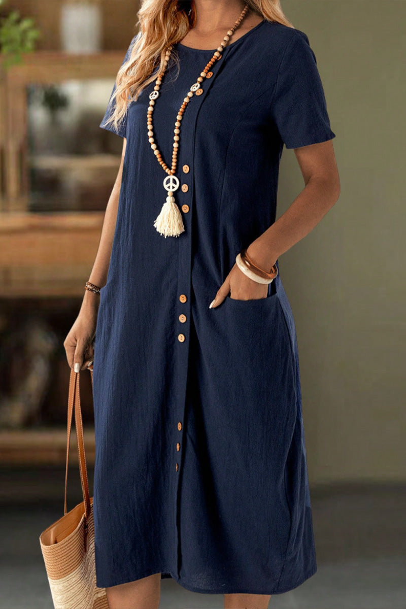 Klänning Knäppt Kortärmad Ficka Shift