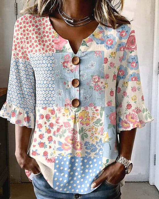 Blus Kortärmad Blommönster Lapptäcke