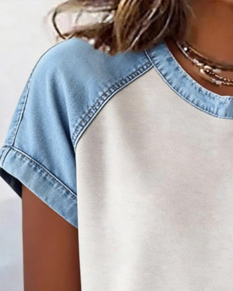 Topp Avslappnad Rund Hals Sammansatt Denim