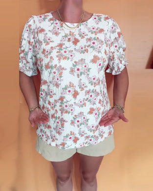 Blus Rund Halsringning Blommig Kort Ärm