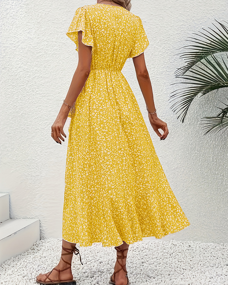 Klänning Liten Blommig Knäppning Fram Semester