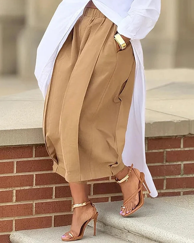 Byxor Enfärgad Elastisk Midja Tulpafåll Croppad